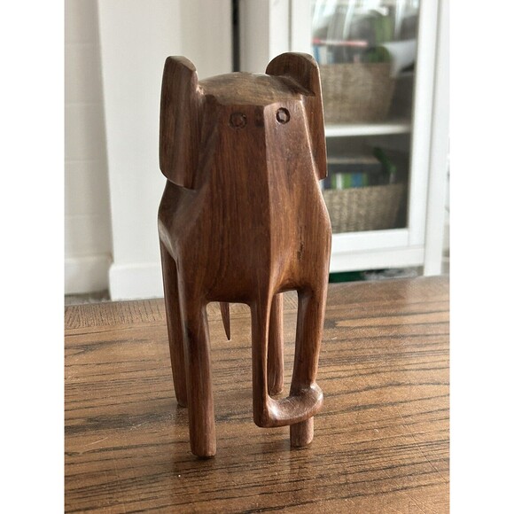 Abstract Carved Wood Elephant Statue 8.5" Tall Figure Brown MCM Artsy African - Picture 1 of 7